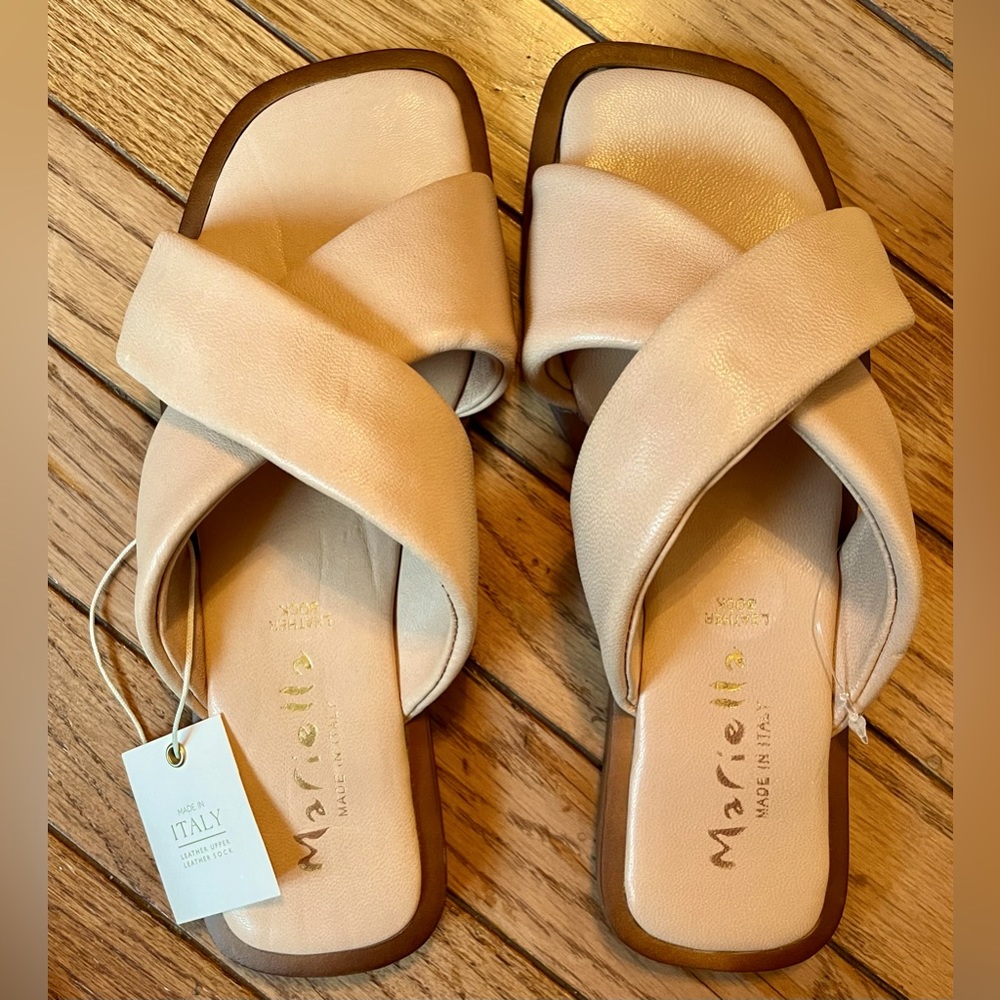 Mariella! Italian leather”tan slide-women’s size-7.5